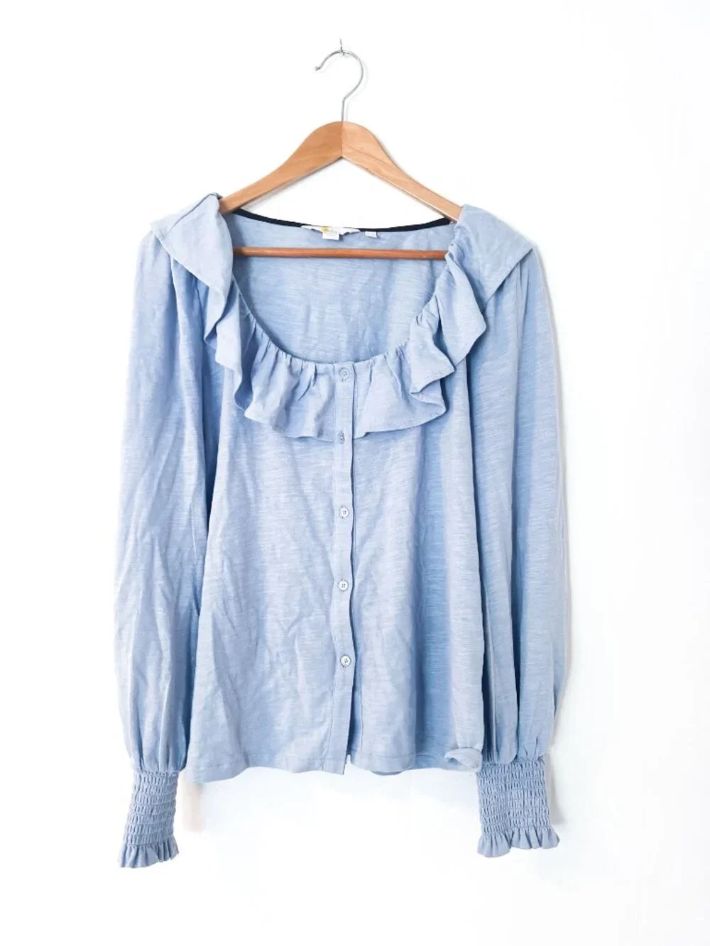 Boden womens Scoop Frill Neck Jersey Top Light Blue Ruffle Button Front Blouse 6